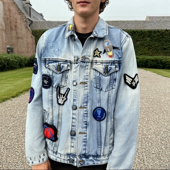 ASOS Other - ASOS Denim Jacket Mens Large Light‎ Wash Patched Space USA Theme - Size L